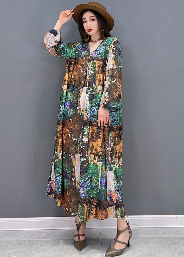 Colorblock V Neck Print Tie Waist Chiffon Holiday Dress Long Sleeve