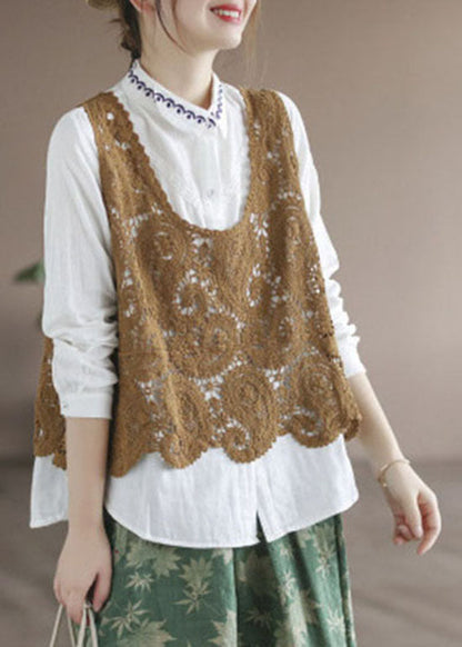 Yellow U Neck Hollow Out Knit Tanks Sleeveless
