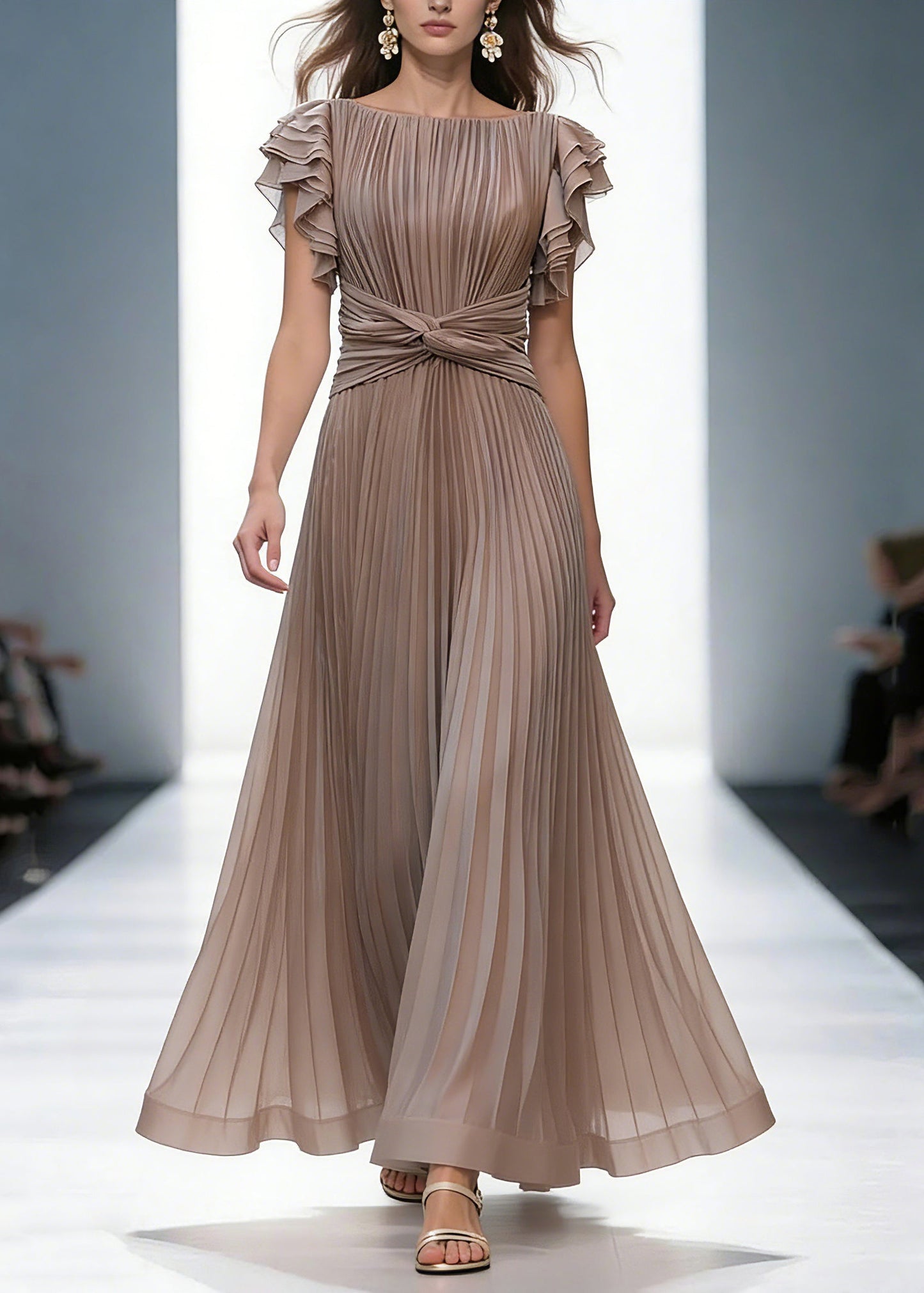 Mocha Queen Pleated Ruffle Sleeve Cross Waist Maxi Dress