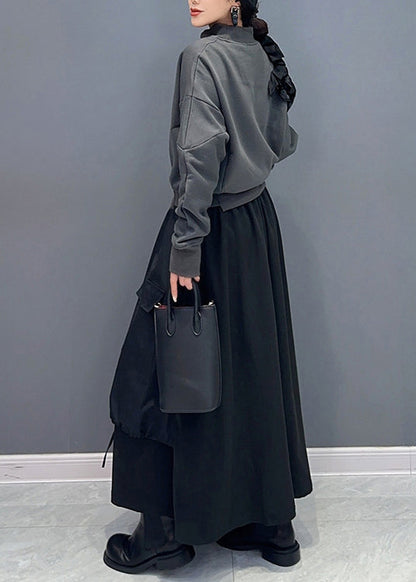 Stylish Grey Ruffled Sweatshirt and Black Skirts Cotton Two Piece Set Fall