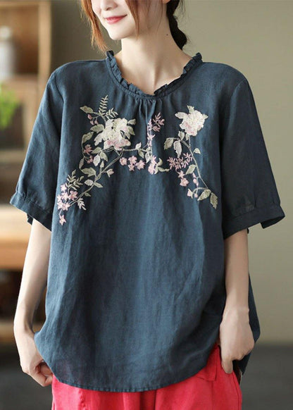 Navy Ruffled Embroideried Summer Linen Shirt
