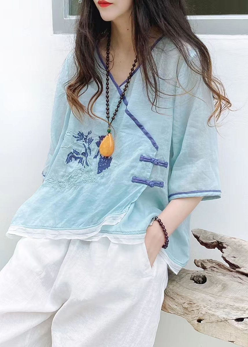 Green Asymmetrical Button Linen Tops Half Sleeve