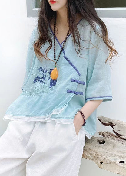 Green Asymmetrical Button Linen Tops Half Sleeve