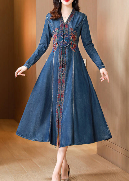 Blue V Neck Embroideried Patchwork Denim Dresses Spring