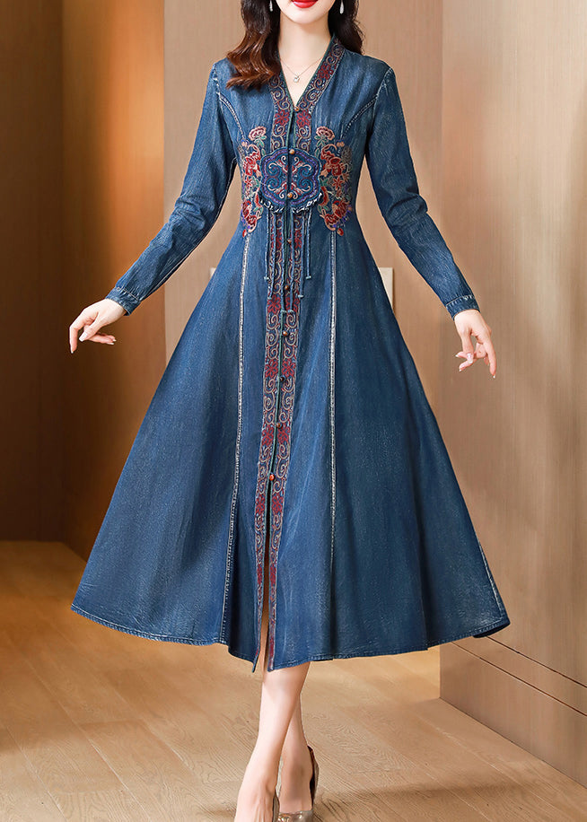 Blue V Neck Embroideried Patchwork Denim Dresses Spring