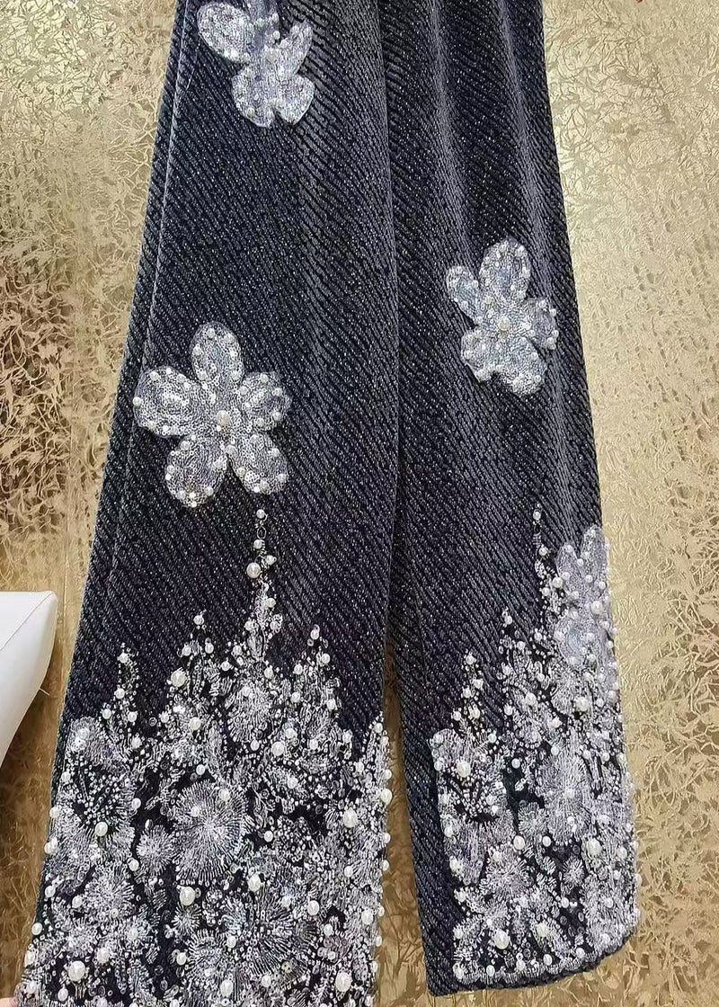 Sequin Flower Bead Embroidery Woolen Straight Leg Pants Winter