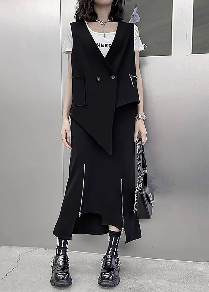 Unique Black Asymmetrical Patchwork Waistcoat and Skirts Cotton Two Pieces Set Sleeveless