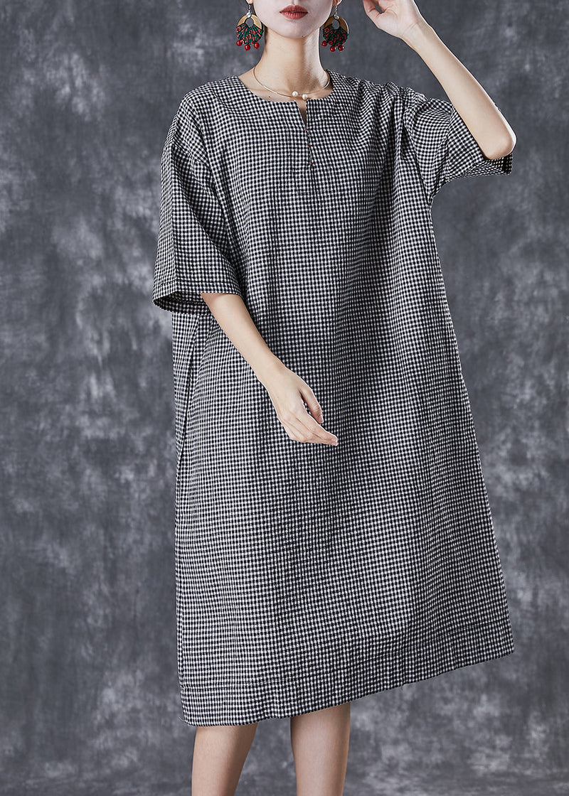 Black Oversized Plaid Cotton Maxi Dresses Summer