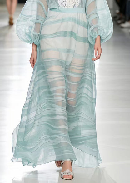 Light Blue Print Lace Patchwork Chiffon Ankle Dress Summer
