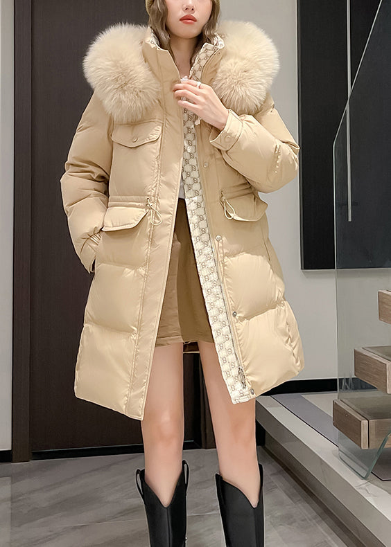 Khaki Fur Collar Hooded Drawstring Duck Down Coats Winter