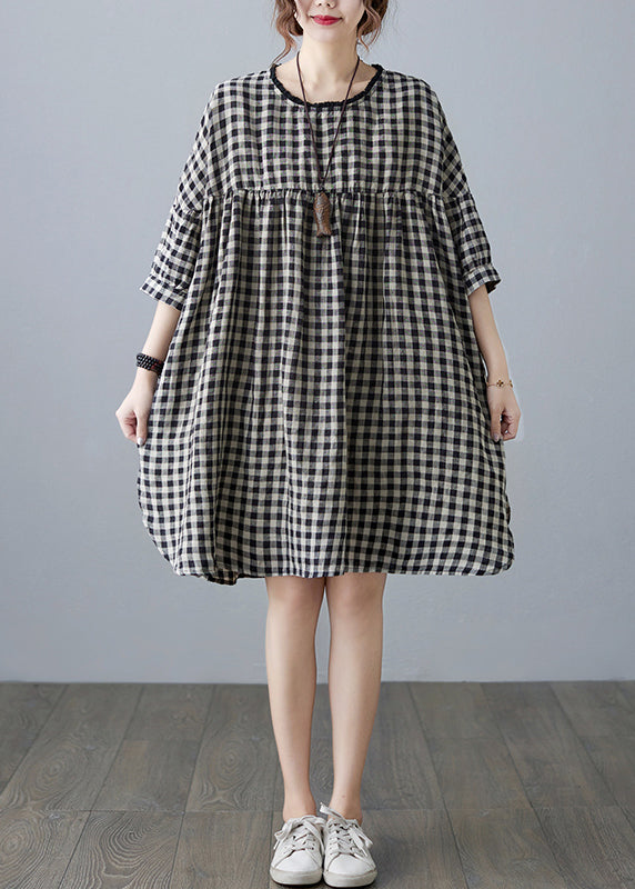 O-neck Wrinkled Pocket Plaid Linen Loose Dresses Half Sleeve