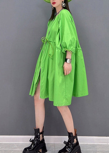 Loose Green O-neck Ruffled Drawstring Zippered Trench Coats Three Quarter Sleeve