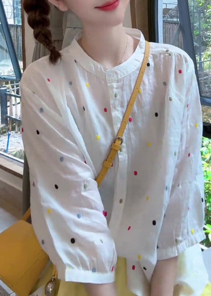 White Stand Collar Print Cotton Shirt Bracelet Sleeve