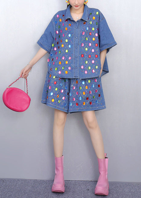 Rhinestone Denim Blue Shirts and Shorts Two Pieces Set Summer