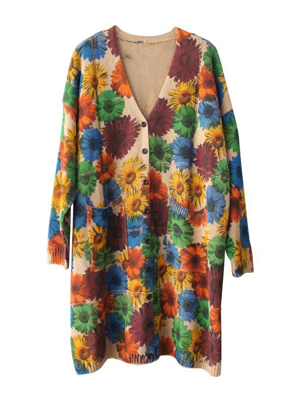 Apricot V Neck Print Pockets Fall Knit Cardigan Long Sleeve