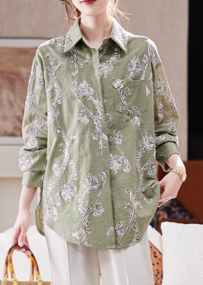 Style Green Sequins Button Cotton Top Lantern Sleeve