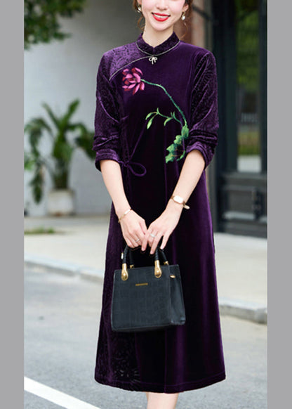 Black Print Tie Waist Silk Velour Vacation Long Dresses Long Sleeve