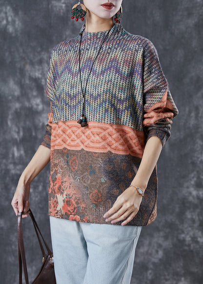 Stand Collar Print Warm Knitted Tops Winter