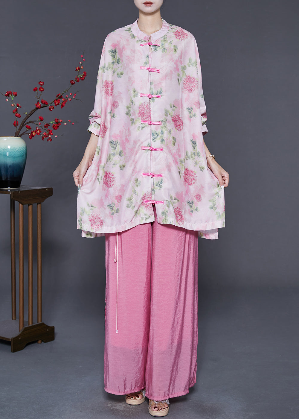 Pink Oversized Chinese Button Cotton Two-piece Set Spring