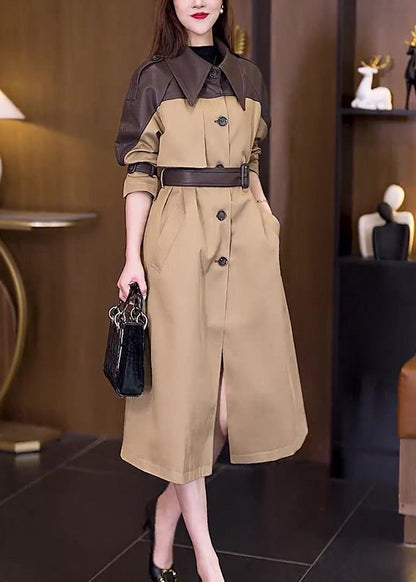 New Khaki Button Tie Waist Patchwork Cotton Long Trench Coat Spring