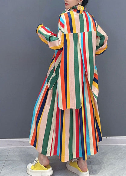 Loose Rainbow Peter Pan Collar Striped Button Shirts and Maxi Skirts Two Piece Set Long Sleeve