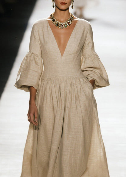 V Neck Wrinkled Patchwork Cotton Dress Fall