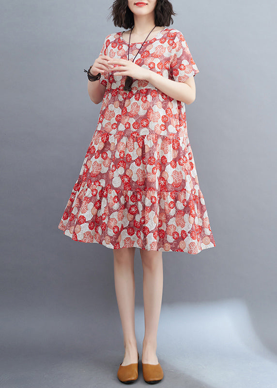 Fine Green O-neck Print Ruffled Patchwork Mid Dress Summer