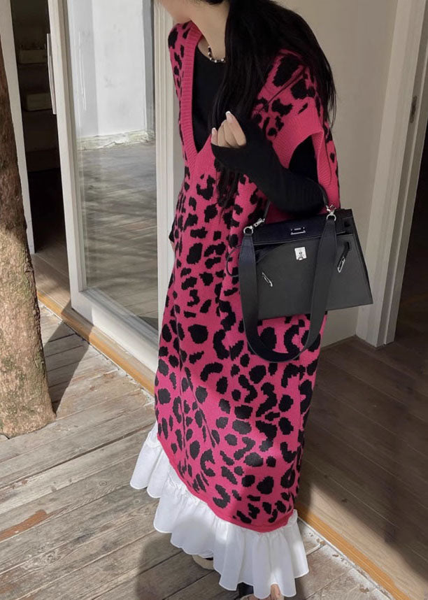 Rose V Neck Print Cotton Knit Long Dresses Fall