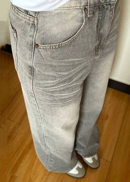 Grey Pockets High Waist Denim Wide Leg Pants Fall