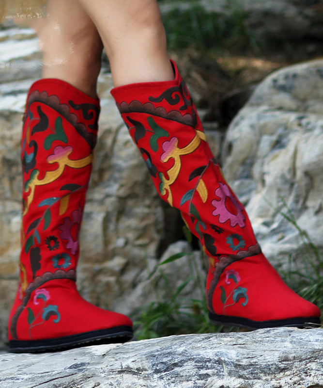 Black Embroideried Cowgirl Boots Cotton Fabric Zippered Knee Boots