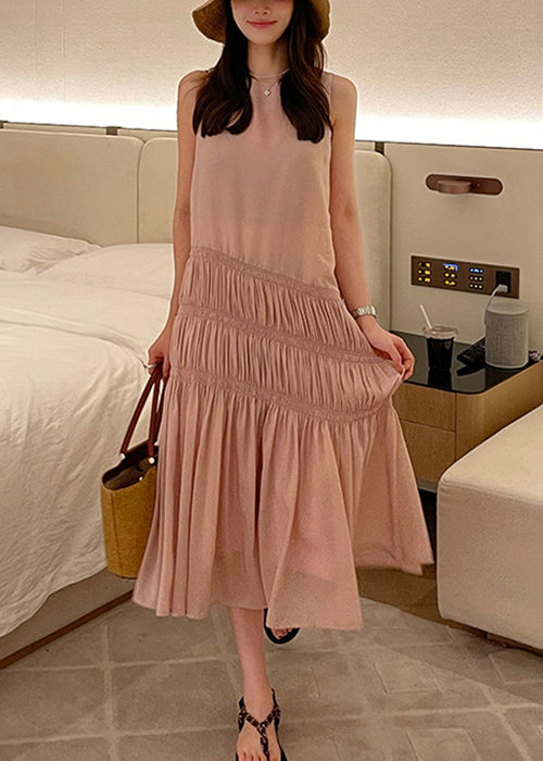 Pink Wrinkled Long Dress Sleeveless