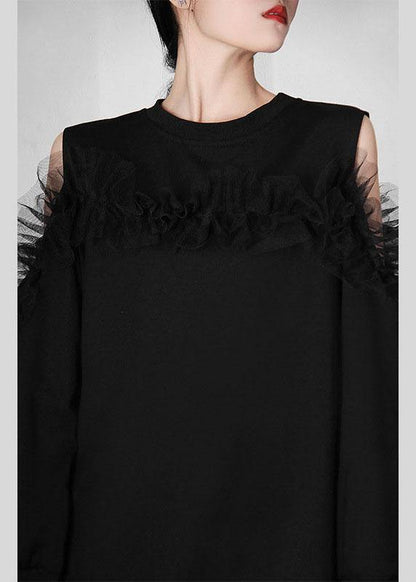 Black Patchwork Tulle Cold Shoulder Long Sleeve Pullover Sweatshirt