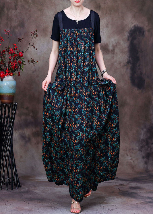 Green Print Pockets Cotton Strap Dress and Tanks Two Pieces Set Summer