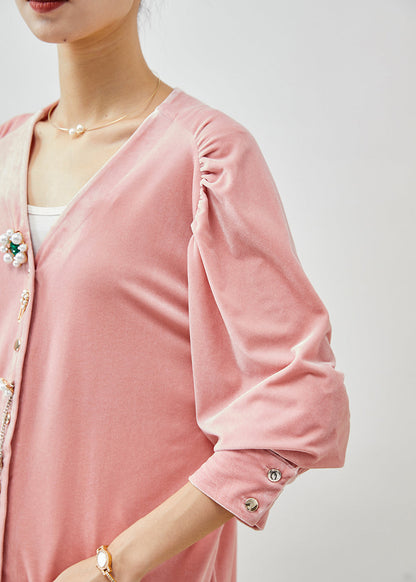Pink V Neck Nail Bead Silk Velour Shirt Fall
