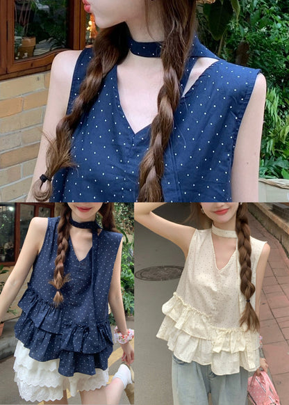 Navy Ruffled Print Cotton Tanks Sleeveless
