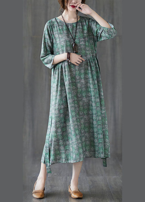 Unique Green O-neck Patchwork Print Fall Maxi Dresses Half Sleeve