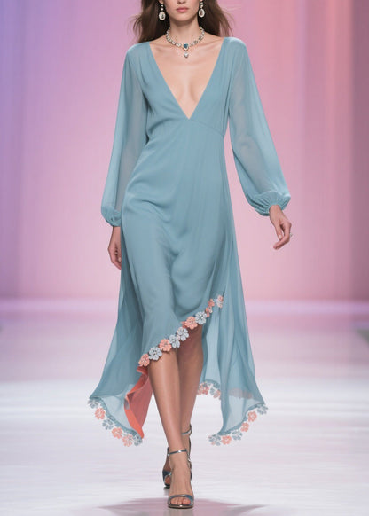 Blue Asymmetrical Chiffon Long Dress Spring
