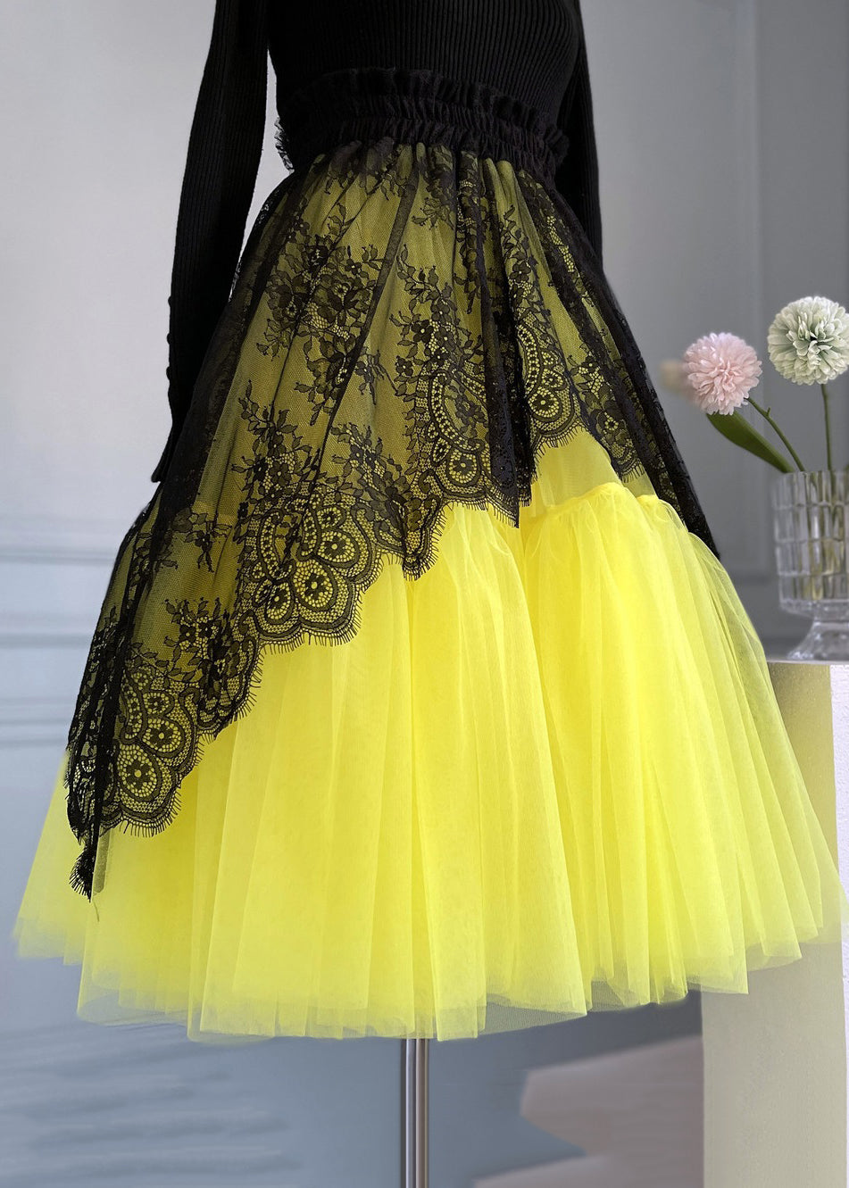 Yellow Lace Elastic Waist Patchwork Tulle Skirts Summer