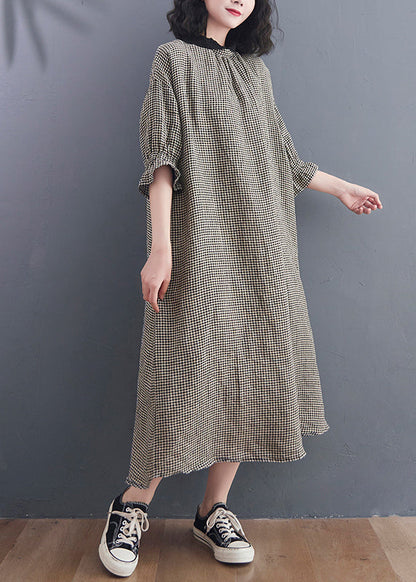 Stand Collar Large Plaid Linen Dress Petal Sleeve
