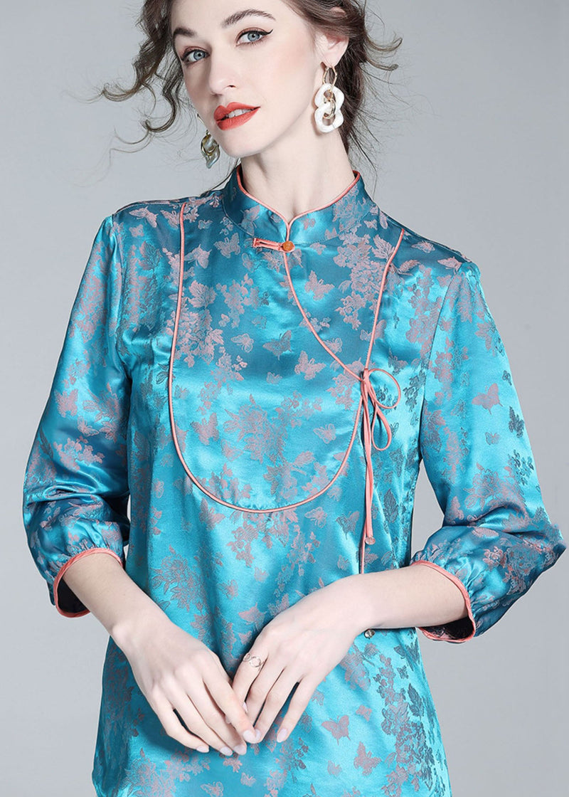 Blue Stand Collar Patchwork Jacquard Silk Blouse Tops Spring