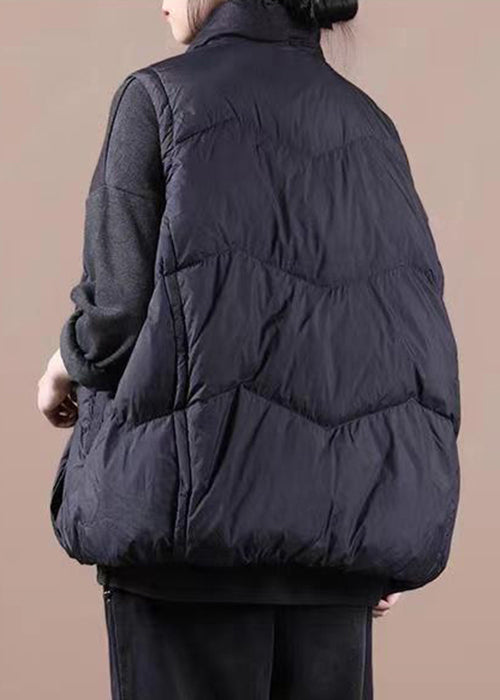 Black V Neck Pockets Patchwork Duck Down Waistcoat Sleeveless