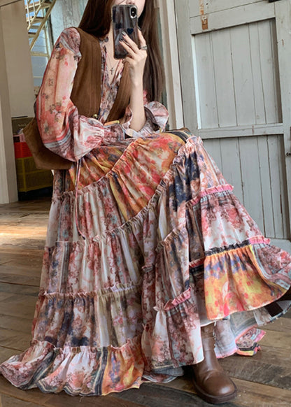 French V Neck Print Waistcoat and Maxi Dress Two Pieces Set Flare Sleeve