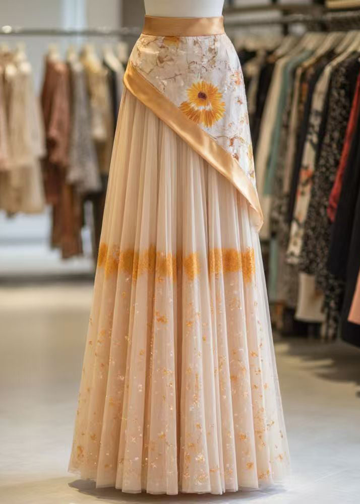 Classy Orange Print Wrinkled Patchwork False Two Pieces Tulle Skirt Summer