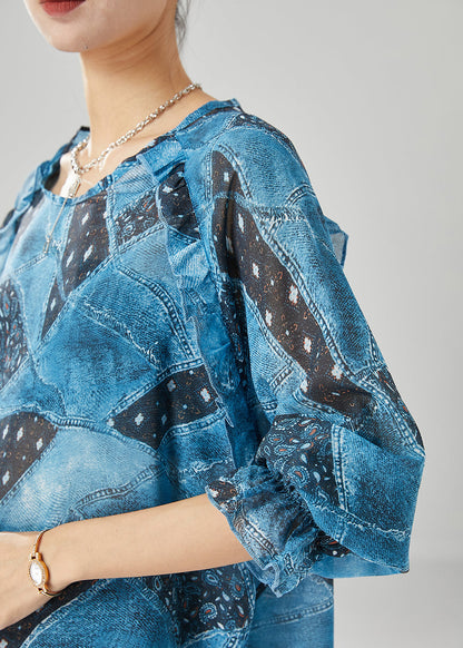 Blue Ruffled Print Chiffon Tanks Fall