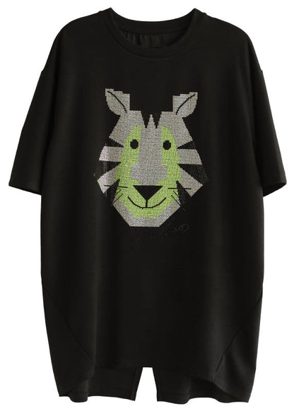 Loose Black O-neck Animal Print Side Open Cotton Tanks Short Sleeve