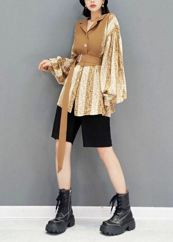 Organic Khaki Fall Patchwork Tie Waist Long Sleeve Top