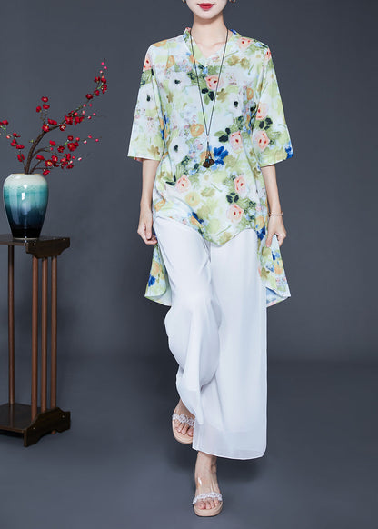 Light Green Print Low High Design Chiffon Two-piece Set Summer
