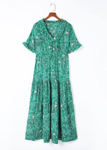 Green V Neck Print Long Dress Short Sleev
