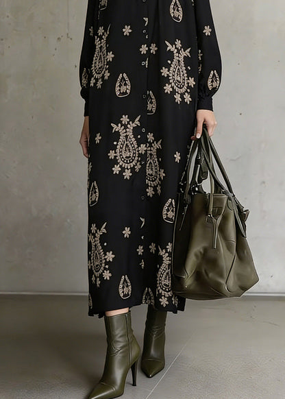 Black Stand Collar Print Ankle Dress Lantern Sleeve