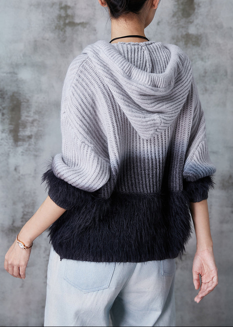 Grey Patchwork Mink Hair Knitted Sweatshirt Hooded Spring